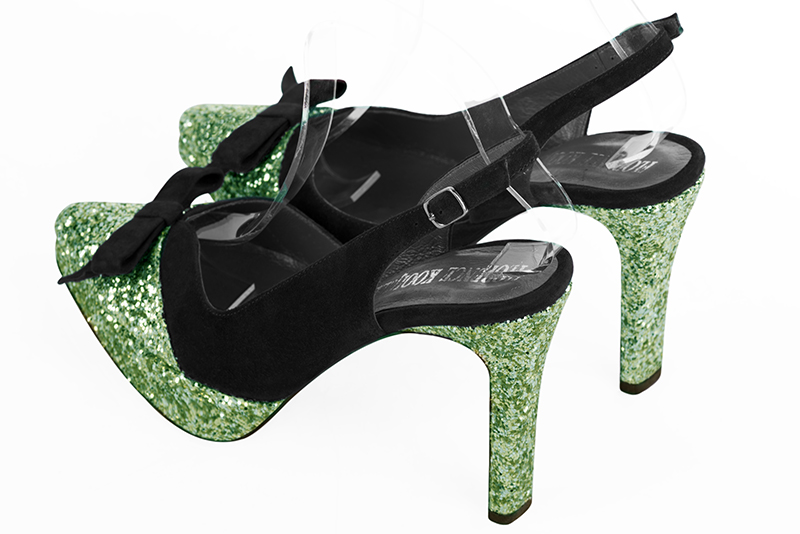 Mint green and matt black women's elegant sneakers. Tapered toe. Very high slim heel with a platform at the front. Rear view - Florence KOOIJMAN